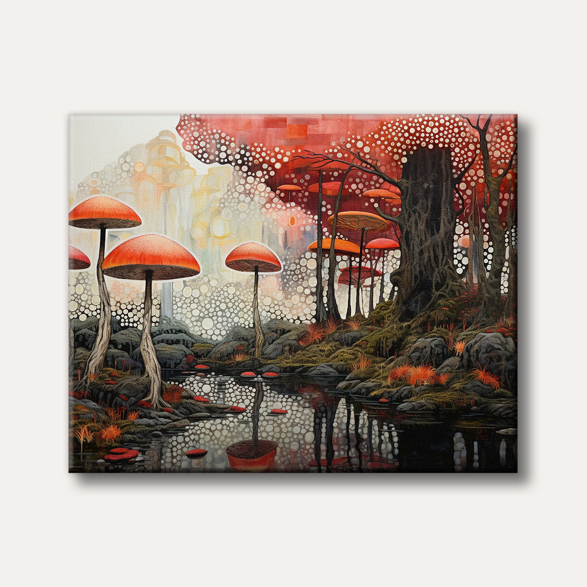 A whimsical and fantastical painting of a forest with large red-capped mushrooms, dark gnarled trees, and a reflective pond, rendered in a surreal style.