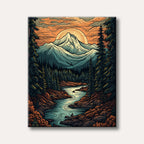 A vibrant, stylized illustration of a serene mountain landscape at sunset, featuring a winding river, dense forest, and a majestic peak.