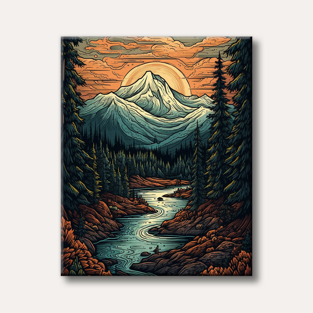A vibrant, stylized illustration of a serene mountain landscape at sunset, featuring a winding river, dense forest, and a majestic peak.