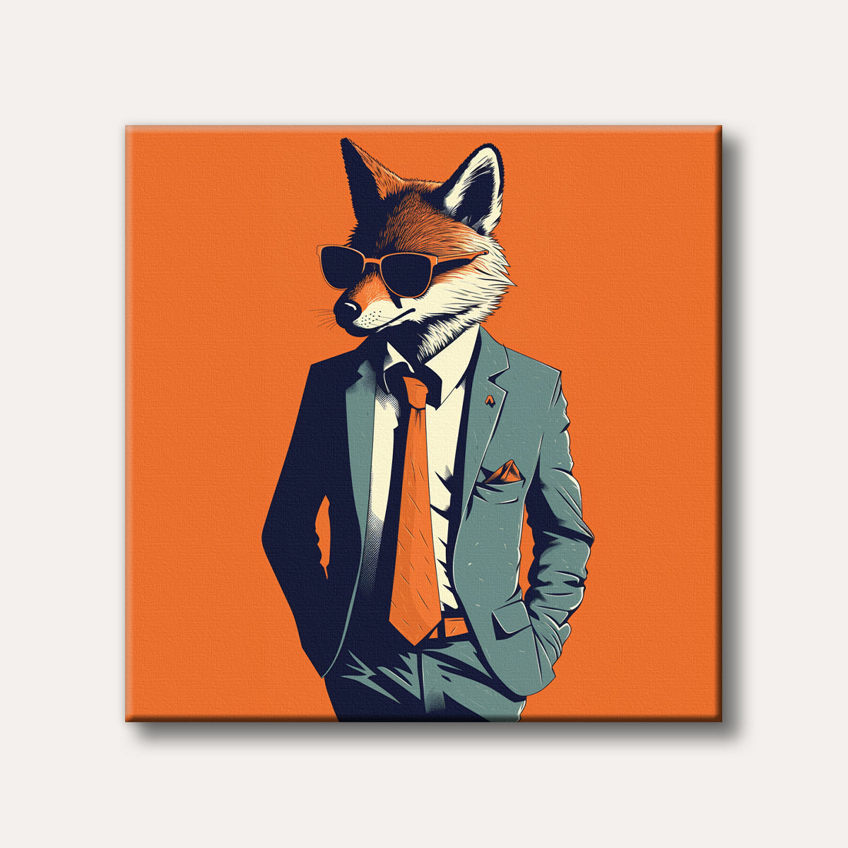 A dapper fox in a blue suit and orange tie, wearing sunglasses, is depicted in a modern, graphic style against an orange background, exuding a cool and confident mood.