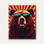 A vibrant pop art illustration of a cool bear wearing black sunglasses against a striking red and yellow radial background, exuding a confident and playful mood.