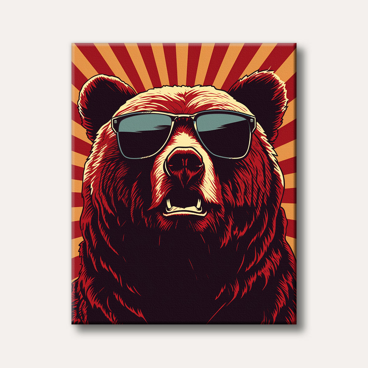 A vibrant pop art illustration of a cool bear wearing black sunglasses against a striking red and yellow radial background, exuding a confident and playful mood.