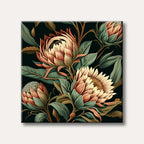 A richly detailed digital painting of cream and peach-hued protea flowers with green leaves against a dark background, in a sophisticated botanical illustration style.