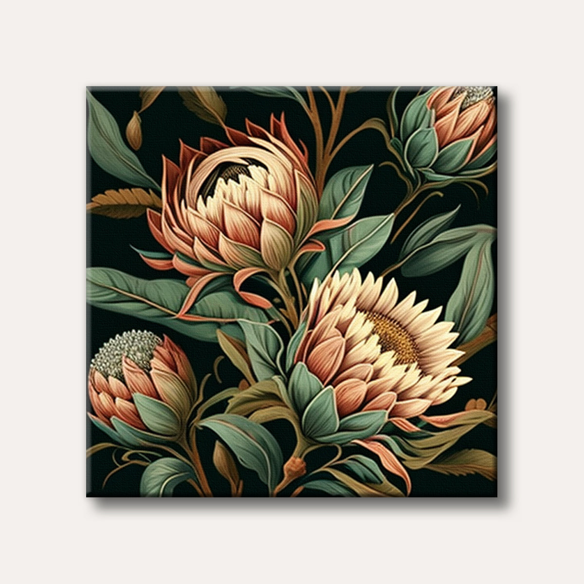 A richly detailed digital painting of cream and peach-hued protea flowers with green leaves against a dark background, in a sophisticated botanical illustration style.