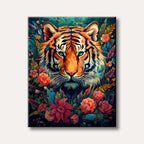 A vibrant illustration of a tiger's face with bright green eyes, surrounded by colourful orange, pink, and green tropical flowers and leaves, depicted in a stylized and lush artistic style.