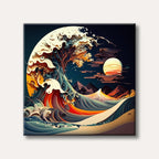 A mesmerizing abstract digital painting featuring a colossal wave with intricate, flowing patterns, a blossoming tree within its peak, towering mountains, and a glowing moon in a dark sky, rendered in warm and cool tones.