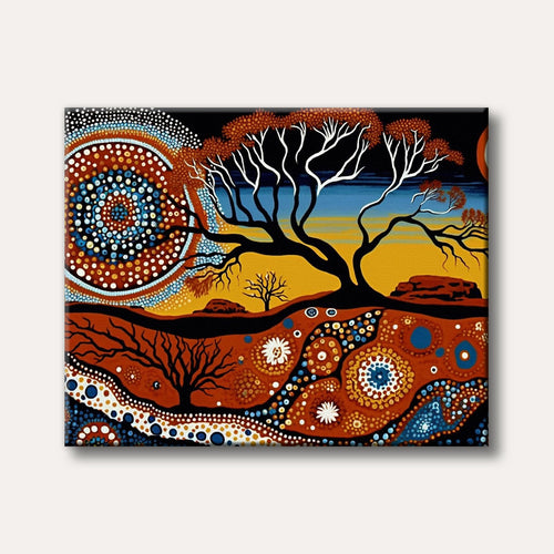 A vibrant painting in an Aboriginal dot art style, depicting a sunlit desert landscape with a large tree, silhouetted animals, and intricate dotted patterns.