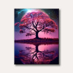 A vibrant fantasy painting depicts a large tree with luminous pink leaves silhouetted against a starry purple and blue cosmic sky, perfectly reflected in calm water.