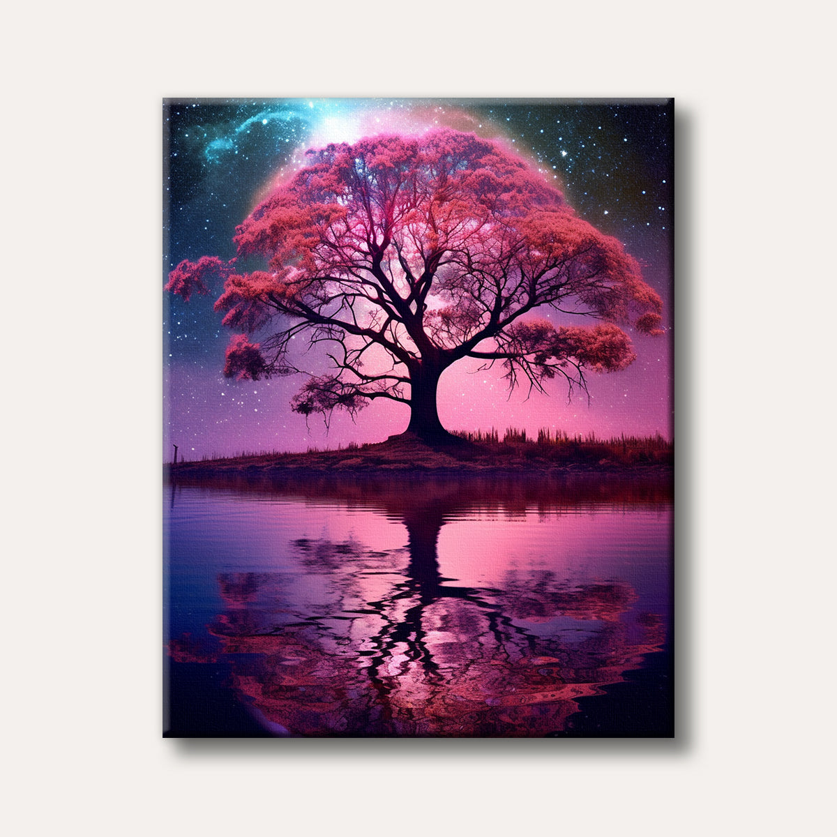 A vibrant fantasy painting depicts a large tree with luminous pink leaves silhouetted against a starry purple and blue cosmic sky, perfectly reflected in calm water.