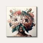 A striking portrait features a person with their face obscured by a lush, artistic arrangement of large, light-coloured and pink flowers, depicted in a detailed, realistic style against a light background.