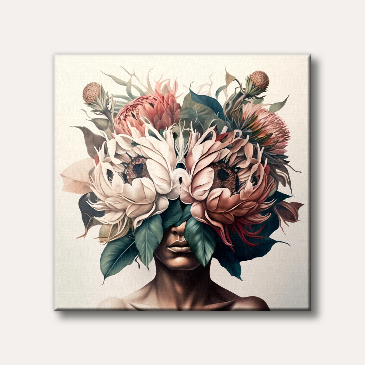 A striking portrait features a person with their face obscured by a lush, artistic arrangement of large, light-coloured and pink flowers, depicted in a detailed, realistic style against a light background.