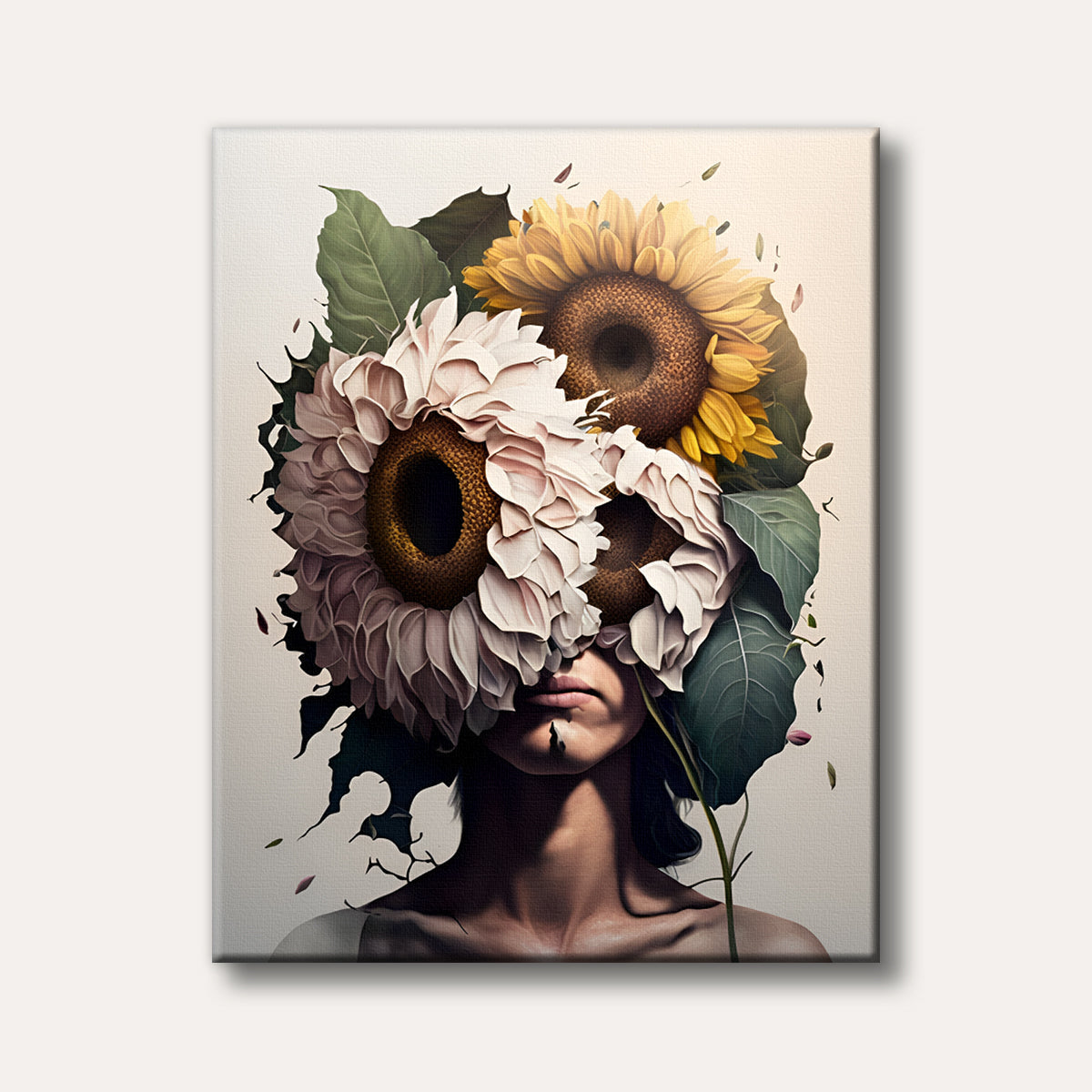 A surreal painting of a person with their face hidden by a large yellow sunflower and a mass of light-coloured petals, set against a soft, light background, conveying a mysterious and whimsical mood.