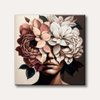 A surreal portrait of a woman with her face partially obscured by large, detailed flowers in shades of peach, cream, and brown, depicted in a realistic painting style with an elegant mood.