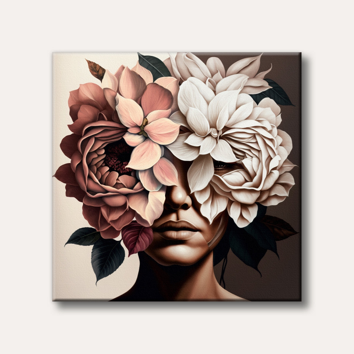A surreal portrait of a woman with her face partially obscured by large, detailed flowers in shades of peach, cream, and brown, depicted in a realistic painting style with an elegant mood.