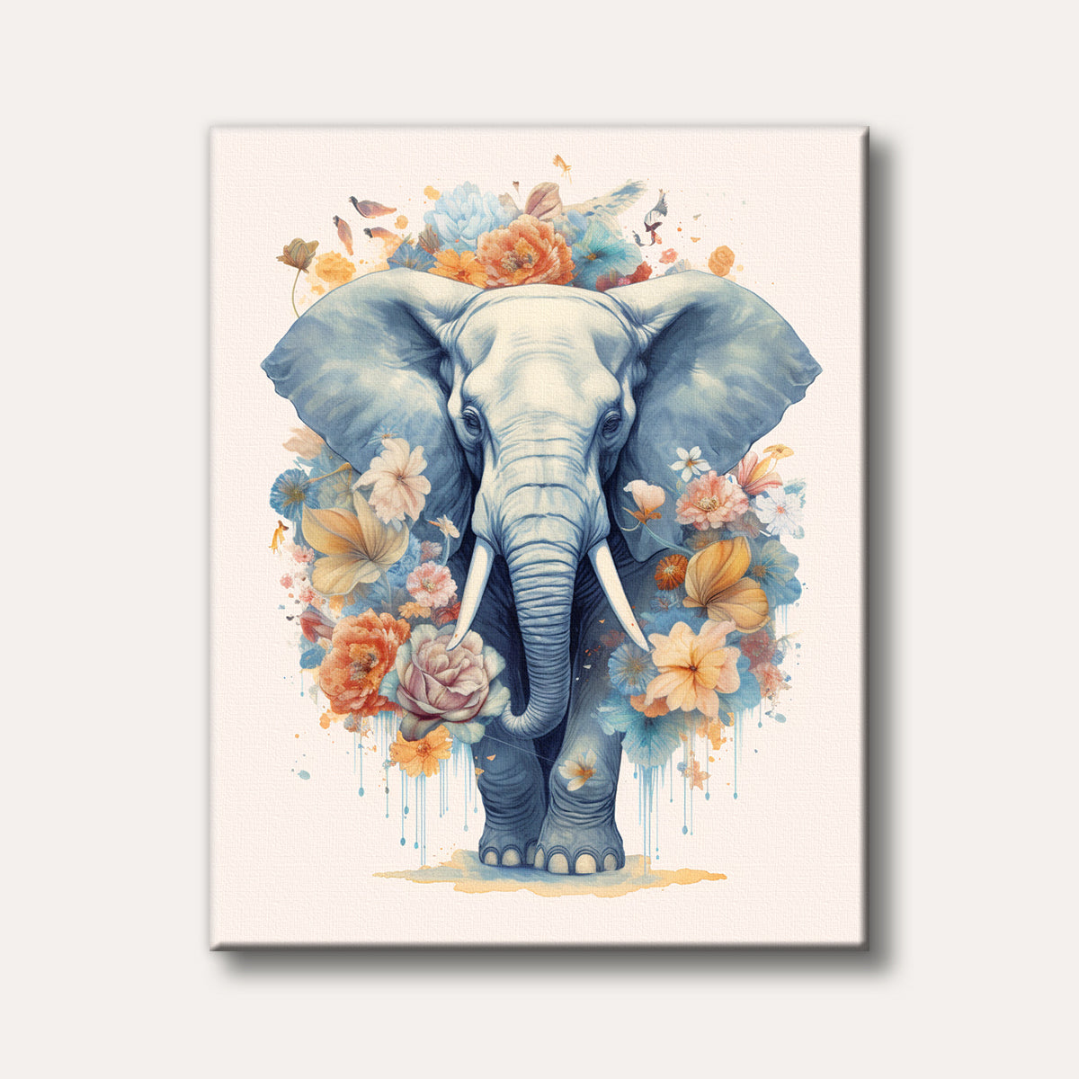 A whimsical watercolour painting of a blue-toned elephant adorned with vibrant orange, peach, and light blue flowers, depicted with soft drips and splashes.