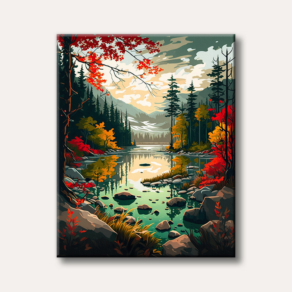 A vibrant, stylized painting of an autumn forest reflecting in a calm lake, featuring colourful red and yellow foliage against dark green trees and distant mountains under a warm sky.