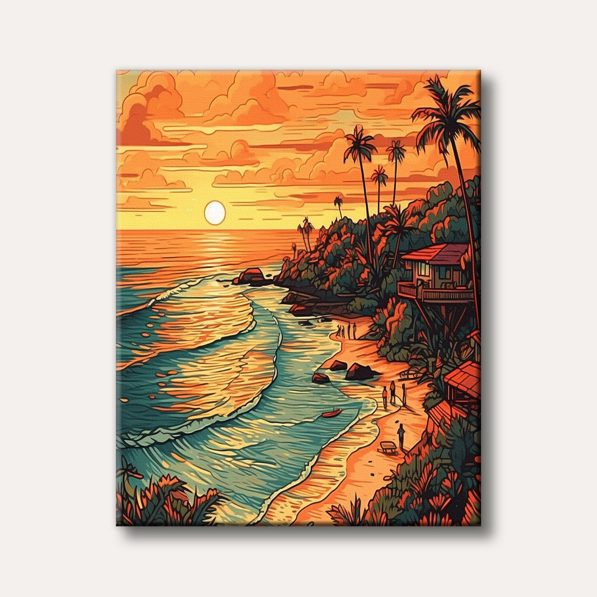 An illustrative painting captures a vivid sunset over a tropical beach, featuring orange skies, blue ocean waves, palm trees, and people strolling along the sandy shore.