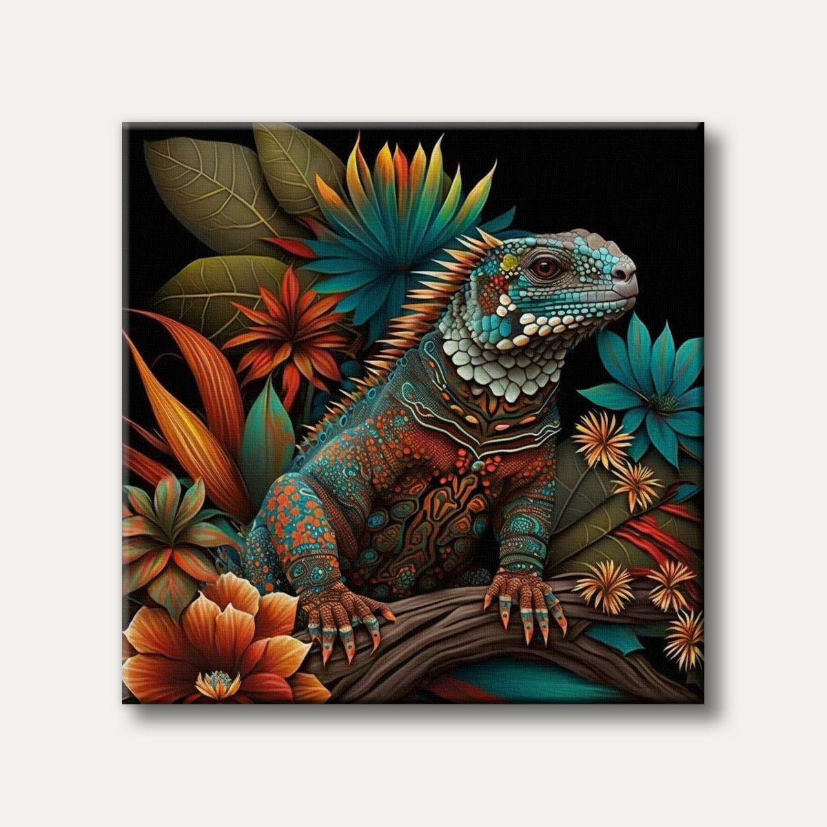 A highly detailed and vibrantly coloured iguana, adorned with intricate patterns in teal, orange, and white, rests on a branch surrounded by exotic, stylized tropical plants against a dark background, in an artistic and fantastical style.