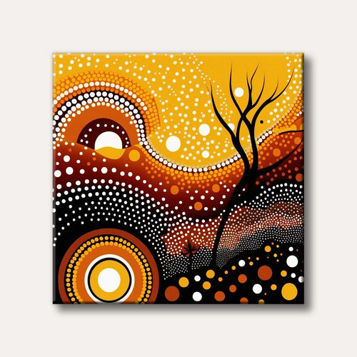 An abstract digital painting in the style of Aboriginal dot art, featuring a silhouetted tree, sun, and rolling hills composed of intricate dot patterns in shades of orange, yellow, brown, and black.