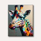 A striking abstract painting of a giraffe's head, rendered in bold, vibrant colours like blue, orange, purple, and yellow, with a modern, artistic flair.