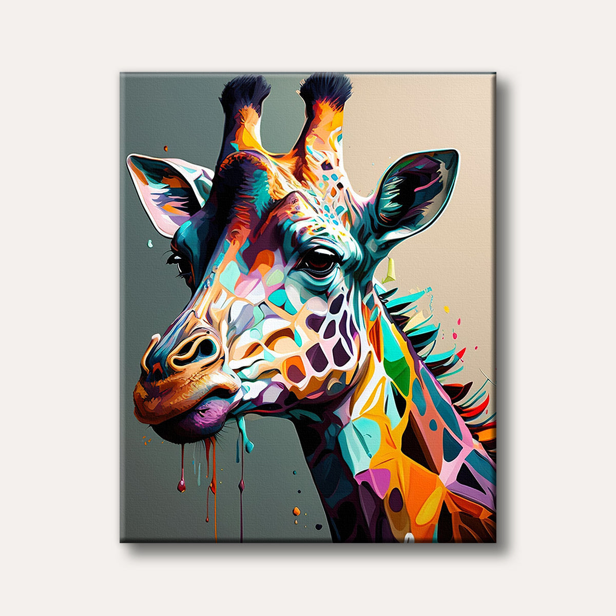 A striking abstract painting of a giraffe's head, rendered in bold, vibrant colours like blue, orange, purple, and yellow, with a modern, artistic flair.
