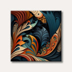 An intricate digital abstract painting with layered, swirling forms in shades of deep teal, burnt orange, and cream, creating a dynamic and sophisticated visual.