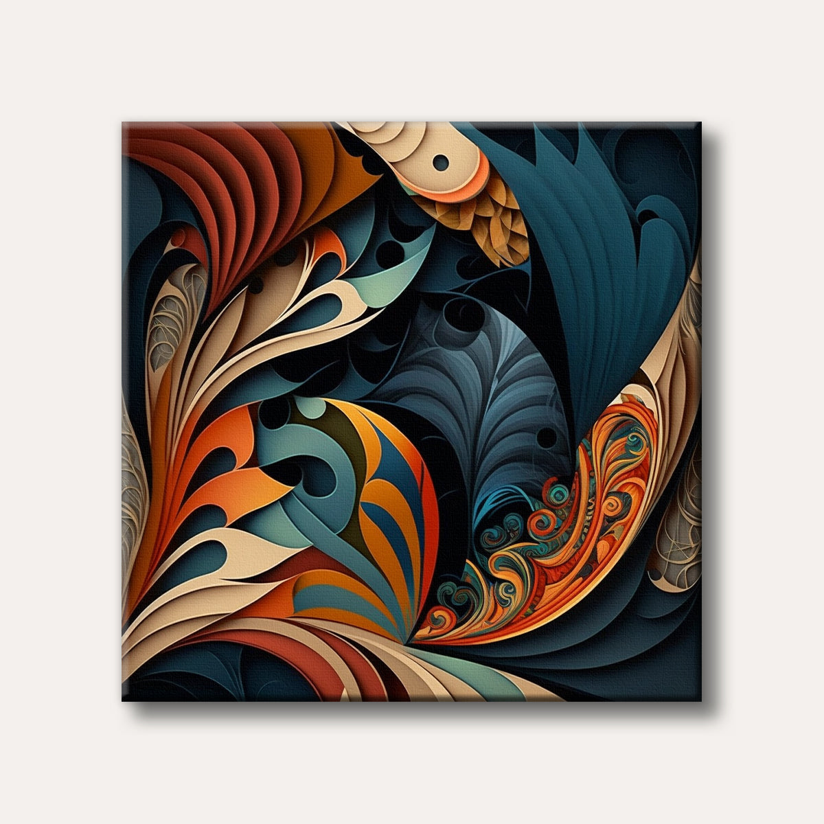 An intricate digital abstract painting with layered, swirling forms in shades of deep teal, burnt orange, and cream, creating a dynamic and sophisticated visual.