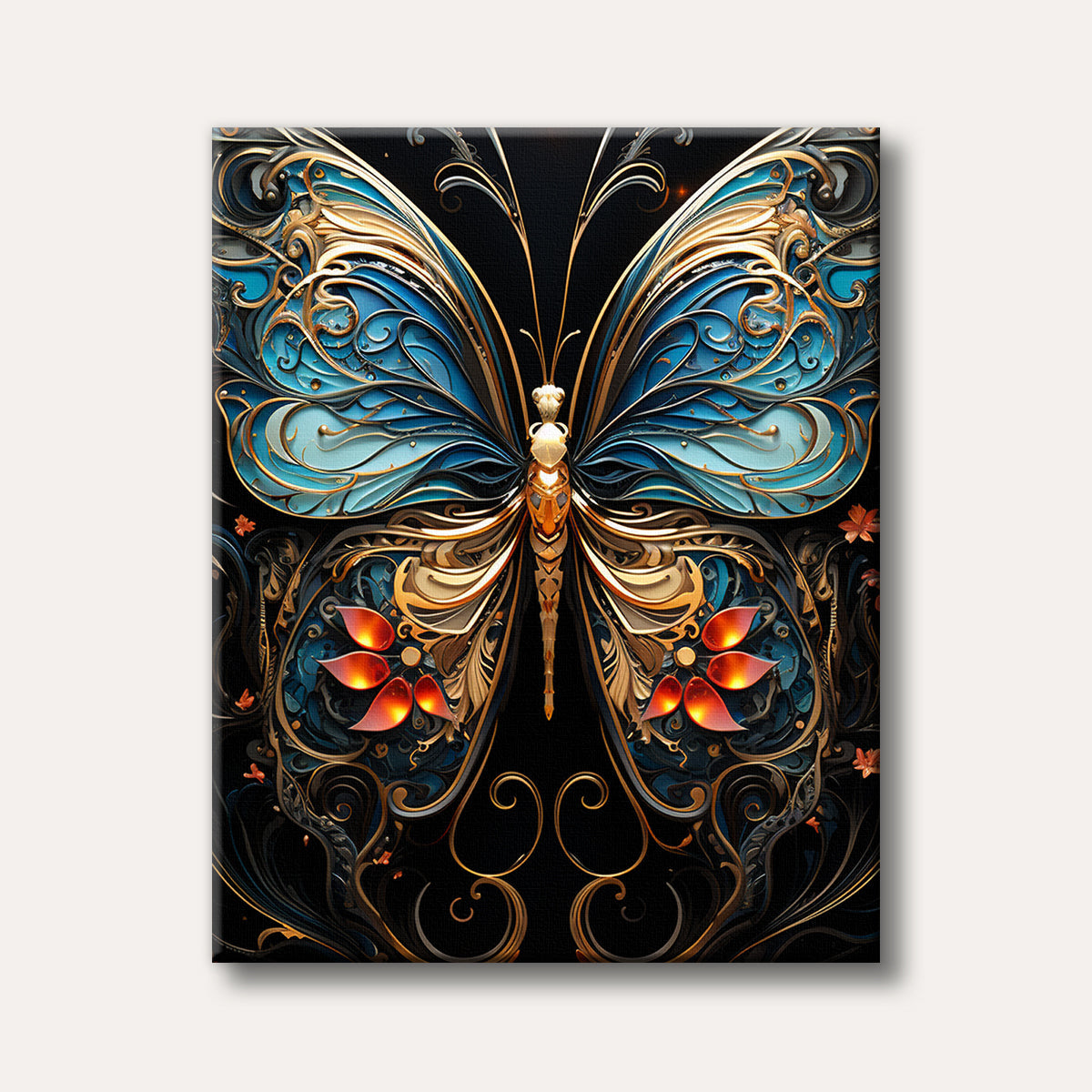 An intricately detailed, symmetrical butterfly with vibrant blue and shimmering gold metallic wings, set against a dark, elegant background with glowing accents, rendered in an ornate, decorative art style.