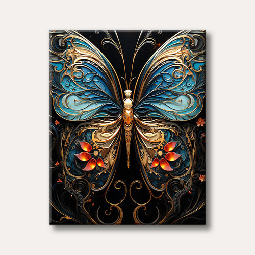 An intricately detailed, symmetrical butterfly with vibrant blue and shimmering gold metallic wings, set against a dark, elegant background with glowing accents, rendered in an ornate, decorative art style.