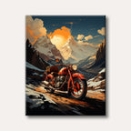 A vibrant red vintage motorcycle stands on a mountain trail at sunset, surrounded by majestic snow-capped peaks, depicted in a stylized, illustrative art style.