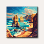 A vibrant illustration of golden sea stacks rising from turquoise ocean waters beside a sandy beach and towering cliffs under a dynamic sky, rendered in a striking, stylized manner.
