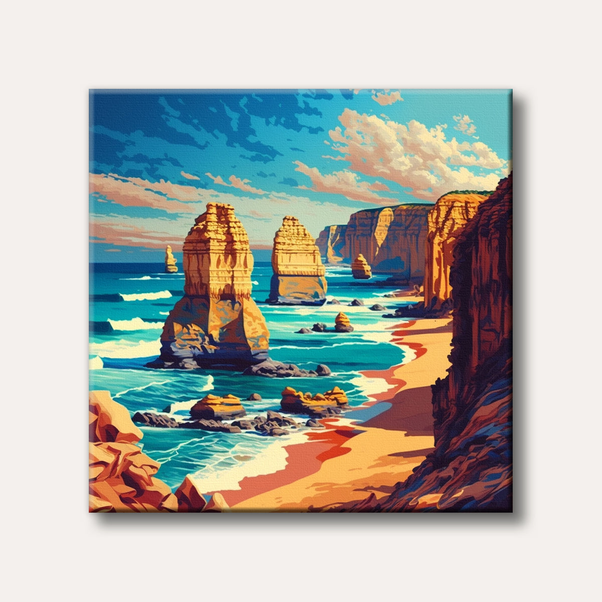 A vibrant illustration of golden sea stacks rising from turquoise ocean waters beside a sandy beach and towering cliffs under a dynamic sky, rendered in a striking, stylized manner.