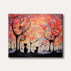 Two black cat silhouettes sit in a whimsical forest with stylized, swirling trees against a vibrant, abstract sunset sky, painted in a fantastical and modern style.