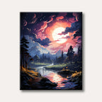 A vibrant fantasy painting features a winding river under an immense glowing moon and dramatic pink and purple clouds, with dark forests and mountains in the background, creating a mystical and enchanting atmosphere.