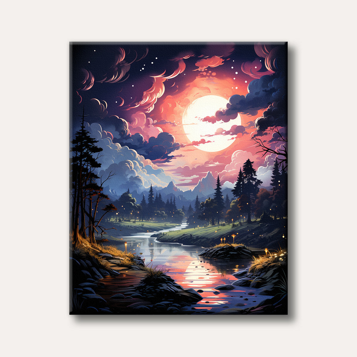 A vibrant fantasy painting features a winding river under an immense glowing moon and dramatic pink and purple clouds, with dark forests and mountains in the background, creating a mystical and enchanting atmosphere.