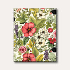 A vibrant, detailed botanical pattern illustration featuring red, pink, and white flowers, green foliage, and purple berries on a light background.