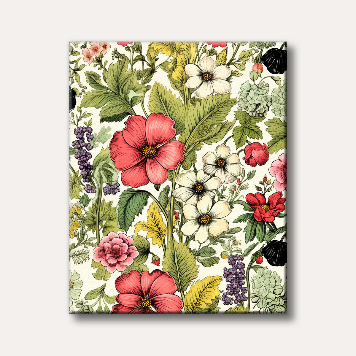 A vibrant, detailed botanical pattern illustration featuring red, pink, and white flowers, green foliage, and purple berries on a light background.