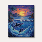 A vibrant painting of two dolphins leaping from active ocean waves at sunset, with tropical islands and palm trees in the background.