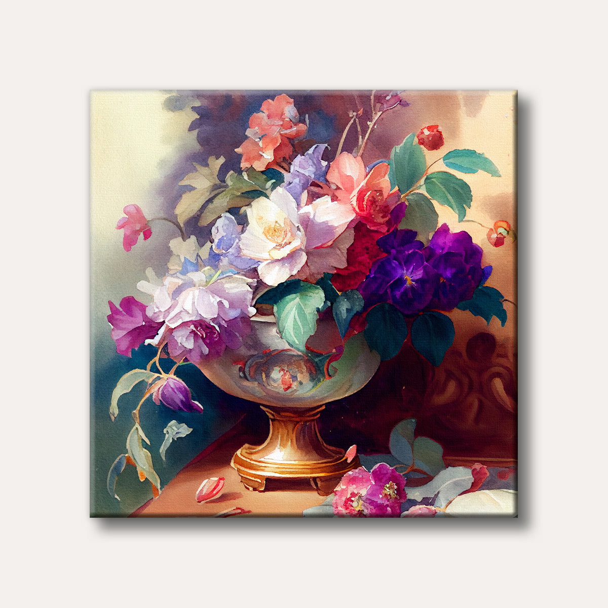 A vibrant watercolour painting depicts a lavish bouquet of purple, pink, and red flowers in an ornate gold vase, capturing an elegant, traditional still life.