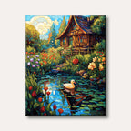 A vibrant, whimsical painting of a quaint cottage by a pond with a white duck and colourful flowers, rendered in a distinctive stained-glass art style.