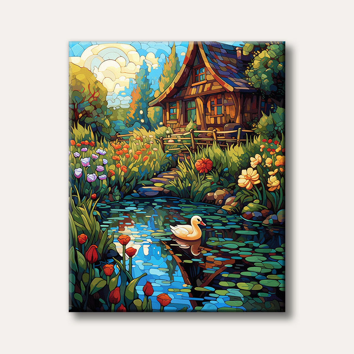 A vibrant, whimsical painting of a quaint cottage by a pond with a white duck and colourful flowers, rendered in a distinctive stained-glass art style.