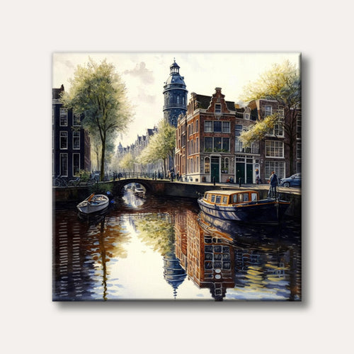 A vibrant painting of an Amsterdam canal scene featuring historic buildings, boats, and a bridge, with clear reflections in the water.