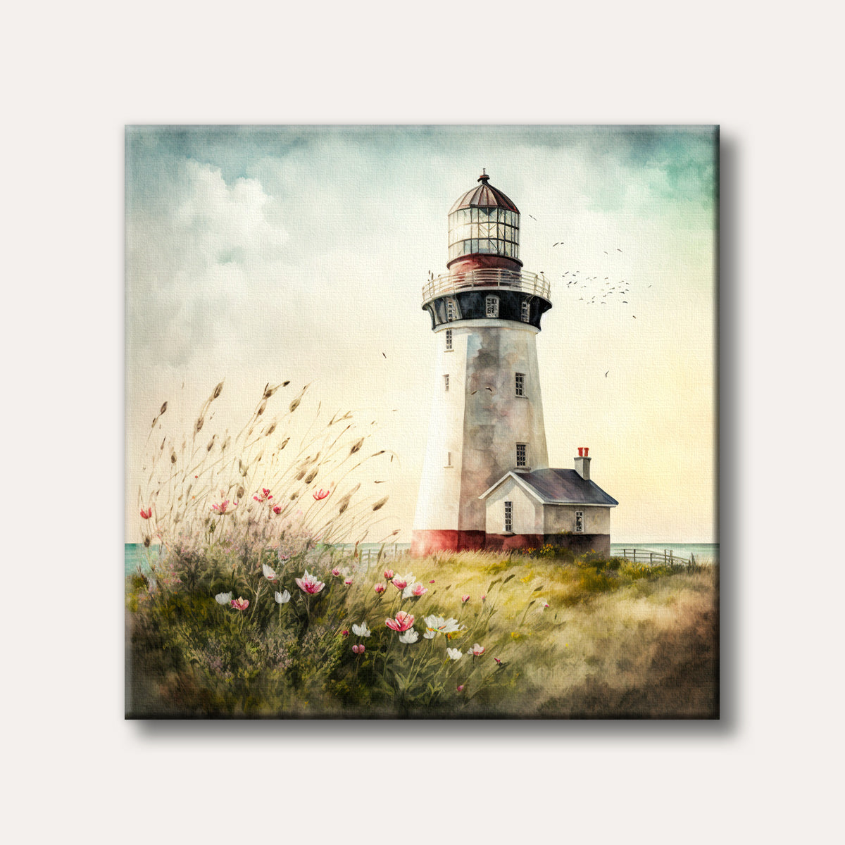 A peaceful watercolour painting depicting a white and red lighthouse standing on a grassy coastline adorned with pink and white wildflowers and a distant blue sea.