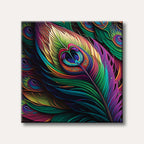 A vibrant, close-up painting of a peacock feather featuring a rich spectrum of rainbow colours and intricate eye-like patterns.