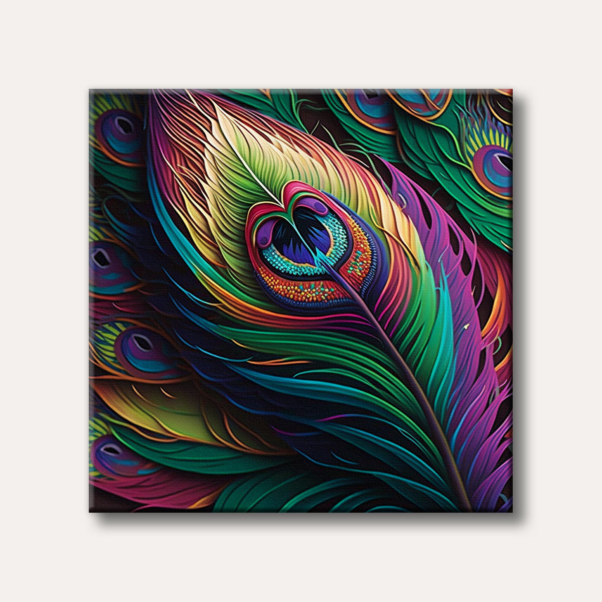 A vibrant, close-up painting of a peacock feather featuring a rich spectrum of rainbow colours and intricate eye-like patterns.