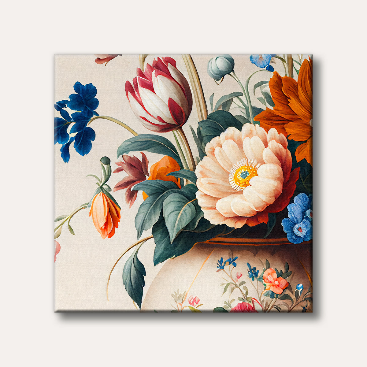 A vibrant watercolour painting of a classical floral arrangement featuring a large cream peony, a red and white tulip, and other colourful blooms in a decorative vase, depicted in a traditional, elegant style.