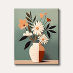 A modern style still life painting showing a bouquet of white daisies and peach flowers with dark foliage in a unique two-tone vase against a teal background.