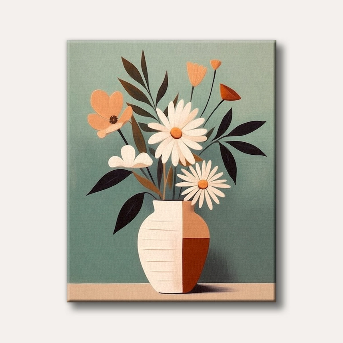 A modern style still life painting showing a bouquet of white daisies and peach flowers with dark foliage in a unique two-tone vase against a teal background.