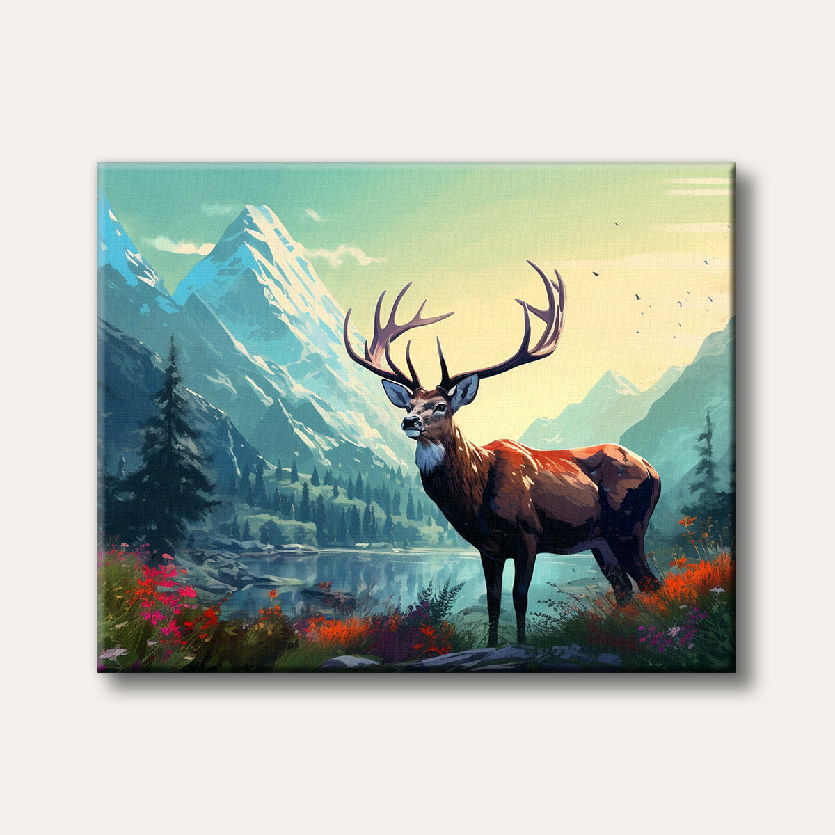 A majestic stag with large antlers stands by a tranquil lake amidst towering blue mountains and a colourful wildflower foreground, painted in a stylized artistic style.