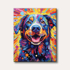 A close-up vibrant portrait of a happy dog with multicoloured fur and a bright yellow abstract background, rendered in a striking pop art style.